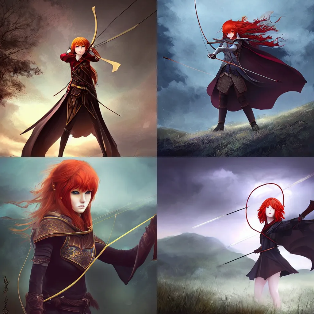 Prompt: A redheaded female archer wearing a cloak of darkness, pulling her bow and aiming at her target, standing at the top of a hill. Dark fantasy anime, digital painting by WLOP.