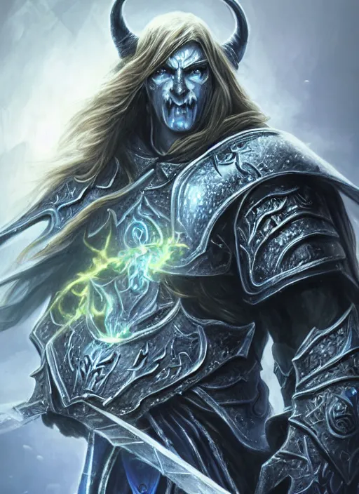 Image similar to arthas menethil, ultra detailed fantasy, elden ring, realistic, dnd character portrait, full body, dnd, rpg, lotr game design fanart by concept art, behance hd, artstation, deviantart, global illumination radiating a glowing aura global illumination ray tracing hdr render in unreal engine 5