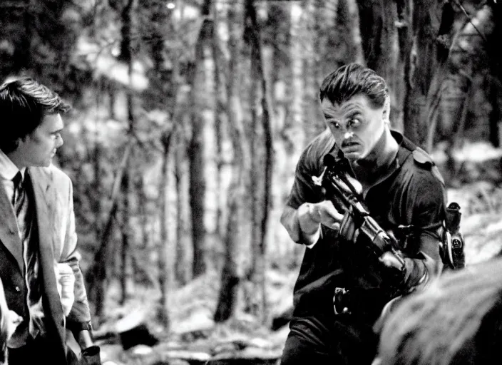 Image similar to an action scene from the movie scarface, medium long shot, filmed in the dark woods, a cabin in the background, leonardo dicaprio and daniel day - lewis, sharp eyes, serious expressions, detailed and symmetric faces, black and white, cinematic, epic,