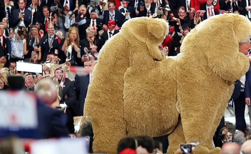 Image similar to Donald Trump in a baby mammoth costume , with an open face