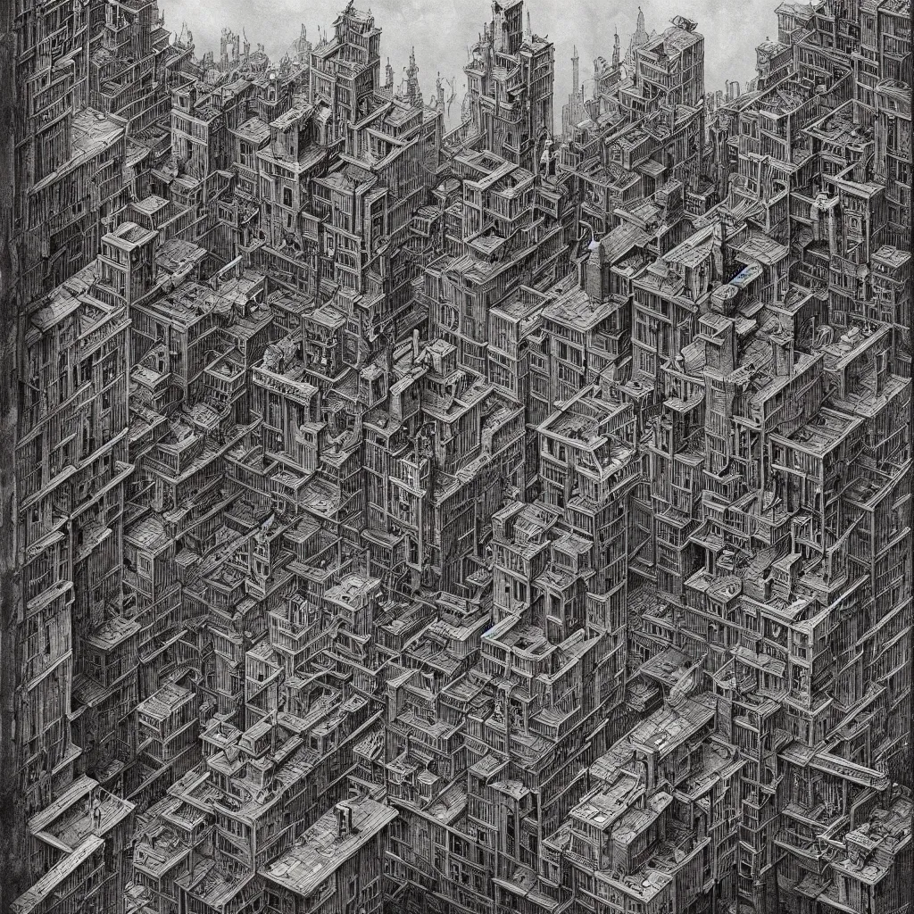 Prompt: city of feeble eldritch beings, , clear view of civilians, Mattias Adolfsson!!!, Piranesi!!, Zdzisław Beksiński!, isometric, greeble, modern European ink painting, storybook illustration, watercolor, dystopian, surrealism