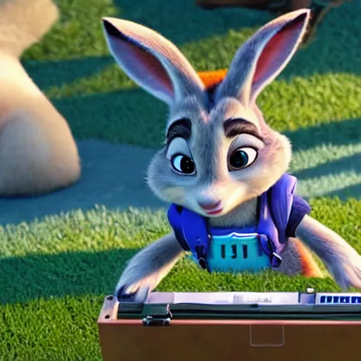 Prompt: judy hopps of zootopia controls the drone