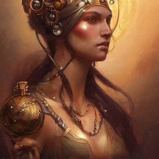 Image similar to a beautiful portrait of a steampunk goddess, a detailed painting by greg rutkowski and raymond swanland, featured on cgsociety, fantasy art, detailed painting, artstation hd, photorealistic