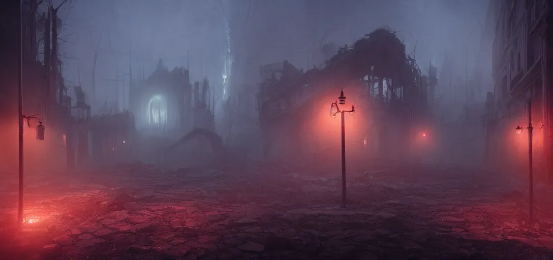 Prompt: dramatic eerie render of dark abandoned ruined city at night, accurate ray tracing, mysterious fog, glowing lights, ghostly particles, mist, streelights, ambient occlusion, unreal engine, detailed, vibrant, artstation, by dylan cole and jordan grimmer