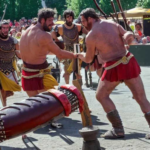 Image similar to roman gladiators attacking a hot dog stand