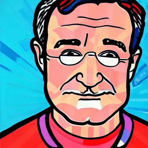 Prompt: portrait robin williams as link by romero britto : 1 high contrast, hard edges, zelda, geometric shapes, masterpiece : 1