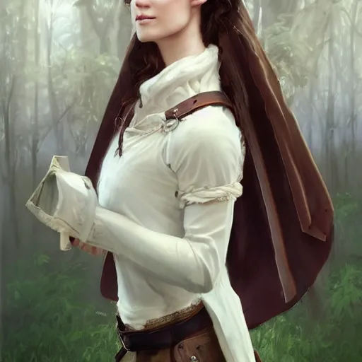 Prompt: a beautiful woman, beauty, high cheek bones, half onesided smile, mischievous, bard, brown hair, messy hairstyle, short hair, cream colored peasant shirt, brown pants, leather boots, dark green cloak, round hood, elf ears, youthful, white background, proportionate, by Greg Rutkowski and Tony Sart, trending on artstation, realistic, highly detailed, masterpiece