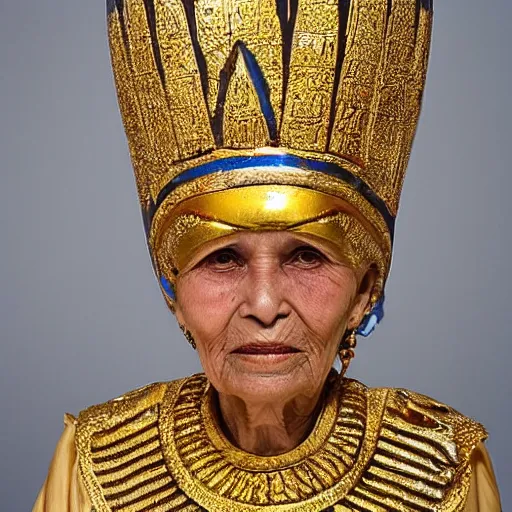 Image similar to egyptian elder woman with high detailed golden crown.