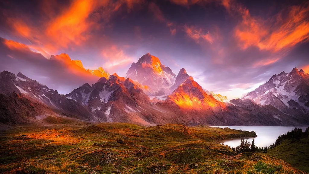 Image similar to amazing landscape photo of mountains with lake in sunset by marc adamus, beautiful dramatic lighting