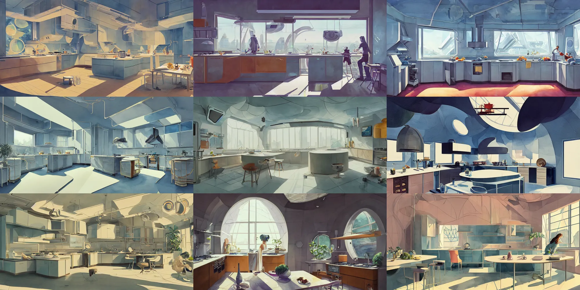 Image similar to a beautiful illustration of futuristic kitchen, lots of furniture, big medium small, sacred geometry, golden ratio, in watercolor gouache detailed paintings, in style of syd mead, trending on artstation, 8 k, panel, hard surface, wallpaper, zaha hadid, scattered props, plant, cozy, decoration, simon stalenhag, wes anderson