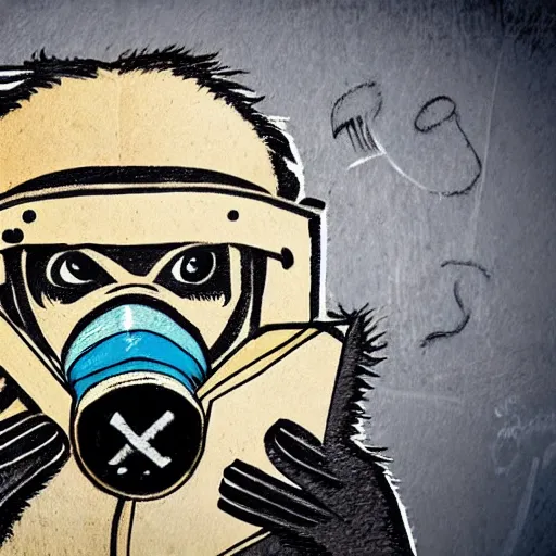 Image similar to a single Monkey reading a book, wearing a gas mask, graffiti, edge to edge, solid color background intricate, highly detailed, smooth, sharp focus, detailed face and body, high contrast