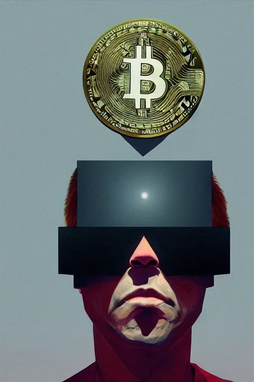 Image similar to satoshi nakamoto wearing oculus and bitcoin over his head edward hopper and james gilleard, zdzislaw beksisnski, higly detailed