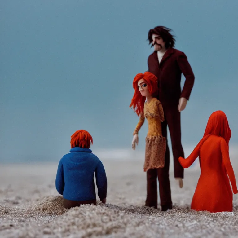 Image similar to a cinematic film still of a claymation stop motion film eternal sunshine of the spotless mind joel and clementine on the beach, shallow depth of field, 8 0 mm, f 1. 8