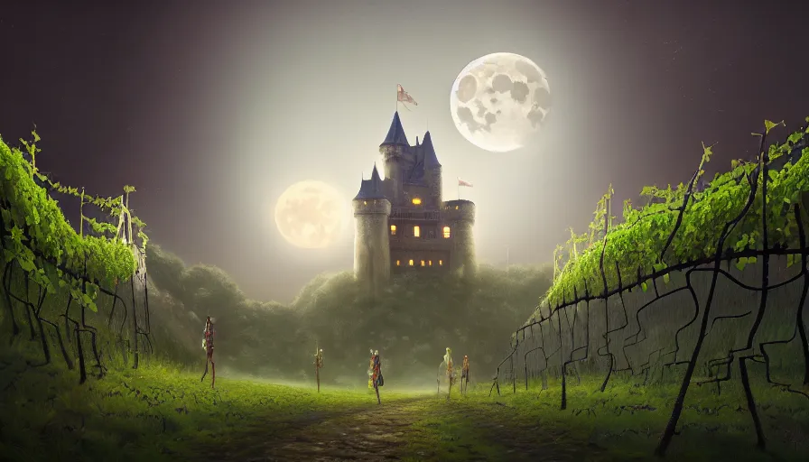 Prompt: a castle with legs walking, vines, forest, hyperrealistic, highly detailed, cinematic, single ray of moon, dark sky, beautiful, cgssociety, artstation, 8 k, oil painting