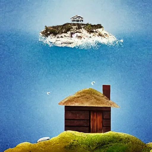 Prompt: a mountain and the sea, a little house in the middle of the sea