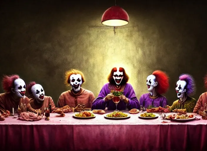 Prompt: realistic detailed last supper image of vampire clown family in romanian restaurant with various raw meat dishes and drinks by beksinski, greg hildebrandt, amano and beeple. joker, pennywise makeup. pink hair. rich deep colors, cinematic, low angle shot, hyper realism, high detail, very coherent symmetrical artwork, 8 k, trending on artstation. masterpiece