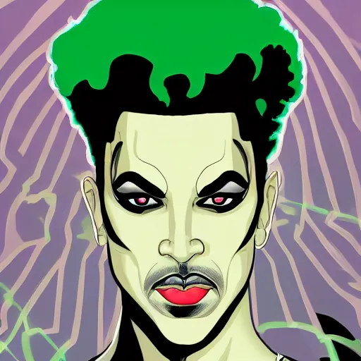 Prompt: a portrait of prince as the comic book villain gemini. half his face is white with green hair. in the style of herbert bayer