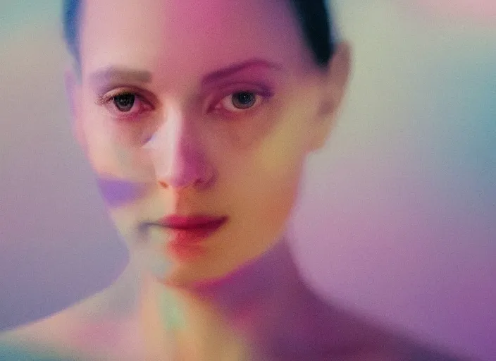 Prompt: cinematic mid shot of a high detail, refined woman's face looking off camera. fine facial features. she stands in an empty, pastel colourful 3 d, forrest scene, shallow depth of field, multiple copies of the woman, by jeffrey smart and gregory crewdson and edward hopper, inspired by the grand budapest hotel