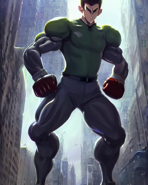 Prompt: gigachad luigi bodybuilder charging ultimate attack fighting like one punch man wearing a suit in the city, fantasy character portrait, ultra realistic, anime key visual, full body concept art, intricate details, highly detailed by greg rutkowski, ilya kuvshinov, gaston bussiere, craig mullins, simon bisley