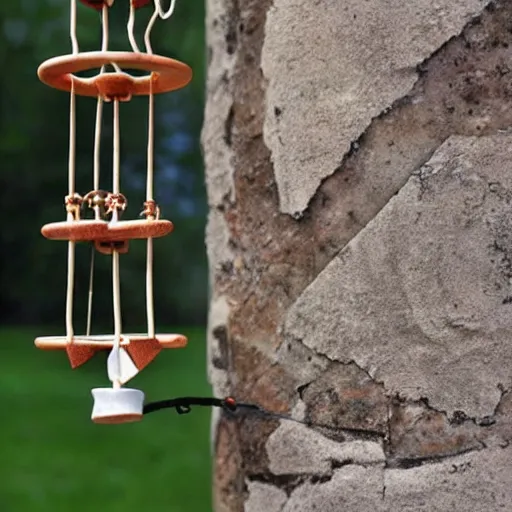 Image similar to This is a sketch of a wind chime made from the pieces of a broken mug. It shows the mug handle as the top piece with strings attached to it, and the bottom pieces of the mug hanging down like little bells