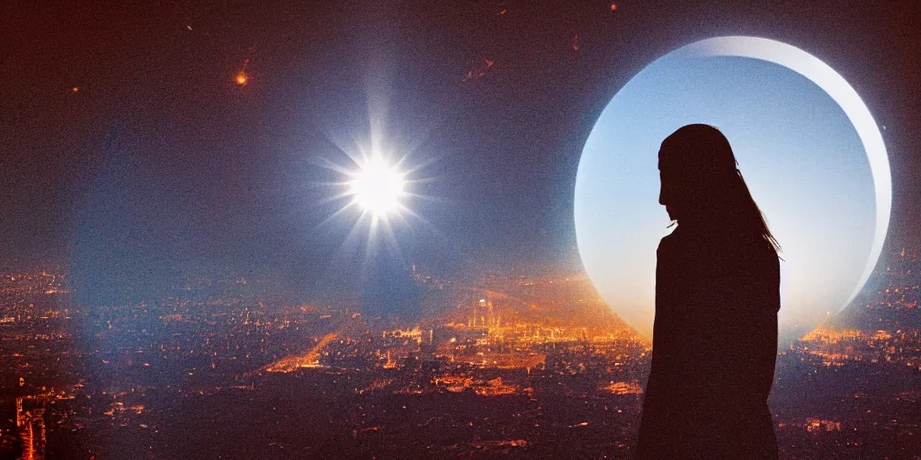 Prompt: a solar eclipse in the sky above, the city of ancient babylon below in the distance, the city is on fire, full-body silhouette of a single observer in the foreground, thick impasto paint, double exposure, lens flare, 50mm bokeh