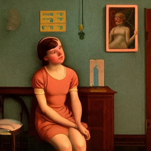 Prompt: close - up of a girl in a soviet room, film still by wes anderson, depicted by canova, limited color palette, very intricate, art nouveau, highly detailed, lights by hopper, soft pastel colors, minimalist