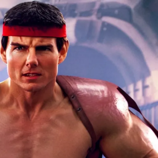 Prompt: Still of Tom Cruise as Ryu in Street Fighter