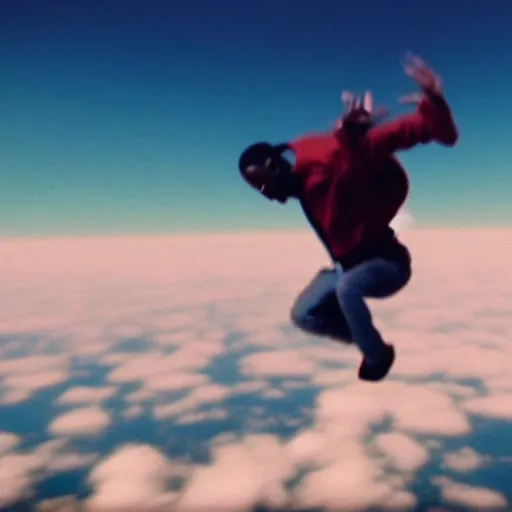 Prompt: Travis Scott floating over Earth, 4k, Aubrey Powell, vintage photo, beautiful cinematography, surreal, film grain