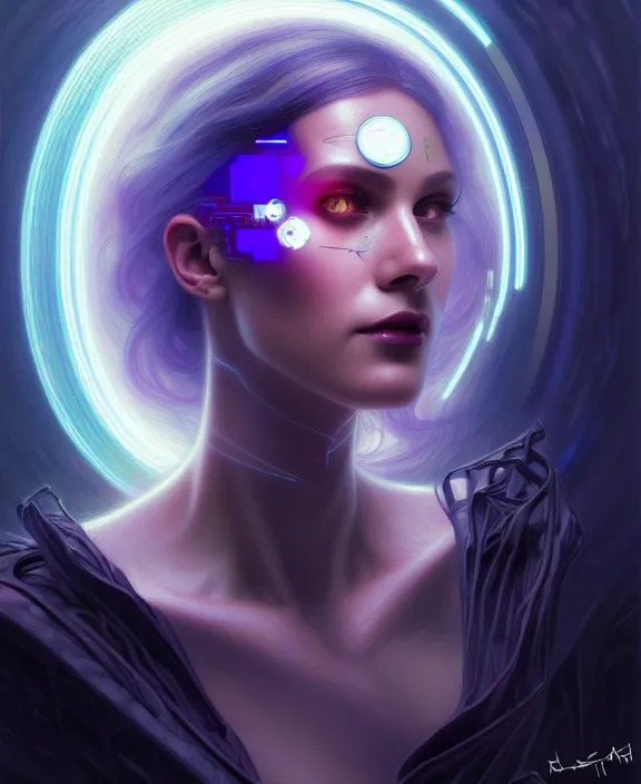 Image similar to a whirlwind of souls rushing inside the metaverse, hologram, half body, neurochip, shaved temple, piercing, jewelry, android, cyborg, cyberpunk face, by loish, d & d, fantasy, intricate, elegant, highly detailed, colorful, digital painting, artstation, concept art, art by artgerm and greg rutkowski and alphonse mucha