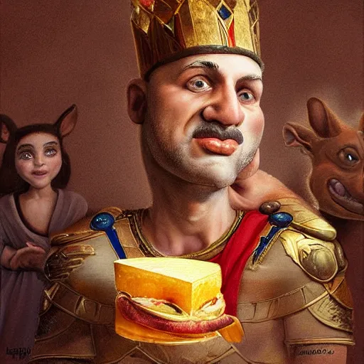 Prompt: realistic portrait beautiful painting depicts Ratatouille as King Pharaoh crowned with cheese in Ancient Egypt. created by Michaelangelo, trending on Artstation,high detailed, digital art.