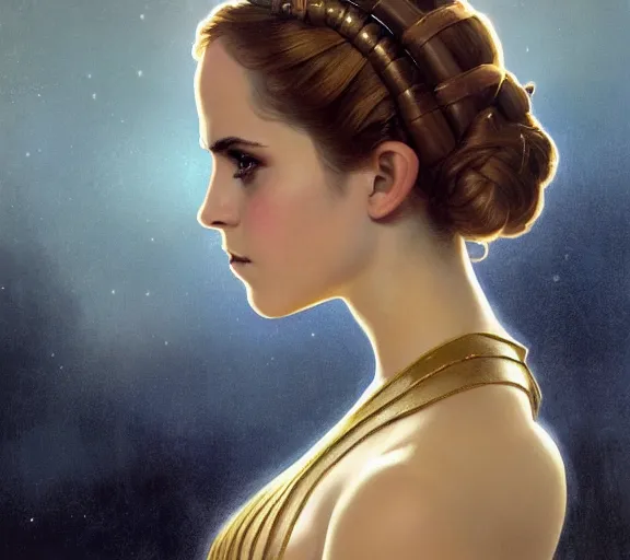 Prompt: photography of a sensual emma watson dressed like princess leia in a gold slave girl costume, deep focus, intricate, elegant, highly detailed, digital painting, artstation, concept art, matte, sharp focus, illustration, art by artgerm and greg rutkowski and alphonse mucha and gil elvgren