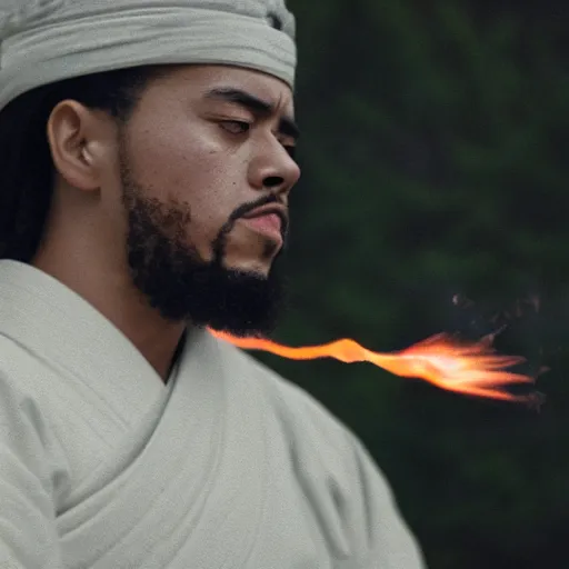 Prompt: cinematic film still of J Cole starring as a Samurai holding fire, Japanese CGI, VFX, 2022, 40mm lens, shallow depth of field,film photography