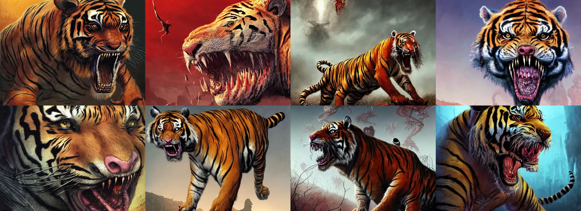 Prompt: a nightmarish mutated tiger, staring hungrily, by neville page and wayne barlowe, ( ( ( horror art ) ) ), wide angle, dramatic lighting, highly detailed digital painting