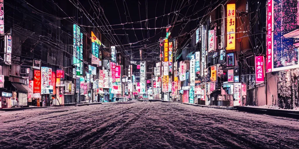 Prompt: a city street at night, snowing, photograph, cyberpunk, sharp focus, intricate detail, drone shot, high resolution, 8k, neon streetlights, wires hanging down everywhere, Japan, colourful, Shrine in centre,
