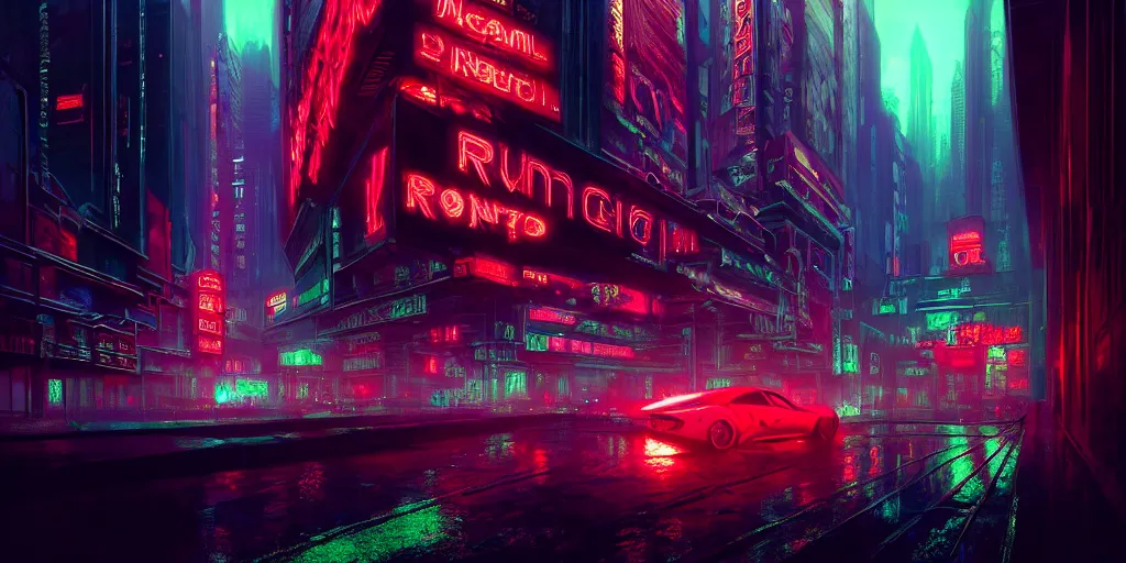 Image similar to concept art, octane render, a brooding, dystopian city, reflections, volumetric neon lighting, dramatic, emerald red neon glow, 8 k, ultra - hd, insanely detailed and intricate, hypermaximalist, elegant, ornate, by gerald brom, by syd mead, akihiko yoshida, doug chiang, cinematic