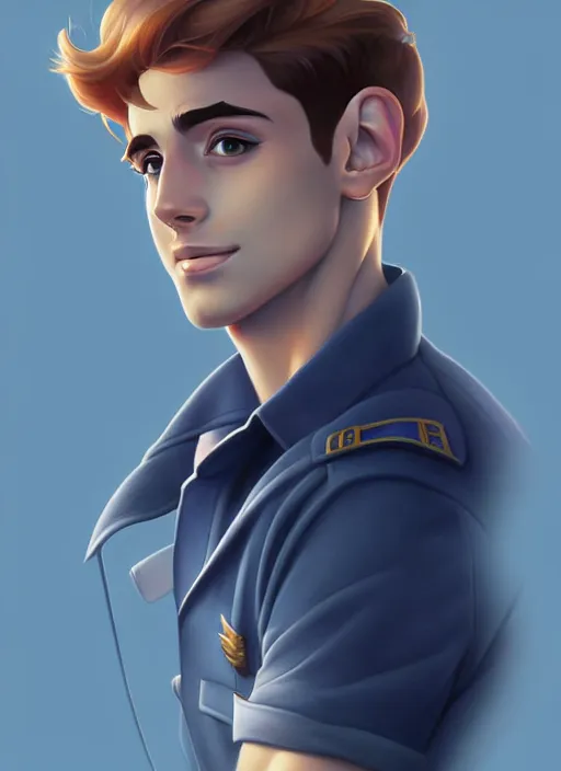 Image similar to cute navy cadet chris mears, natural lighting, path traced, highly detailed, high quality, digital painting, by don bluth and ross tran and studio ghibli and alphonse mucha, artgerm