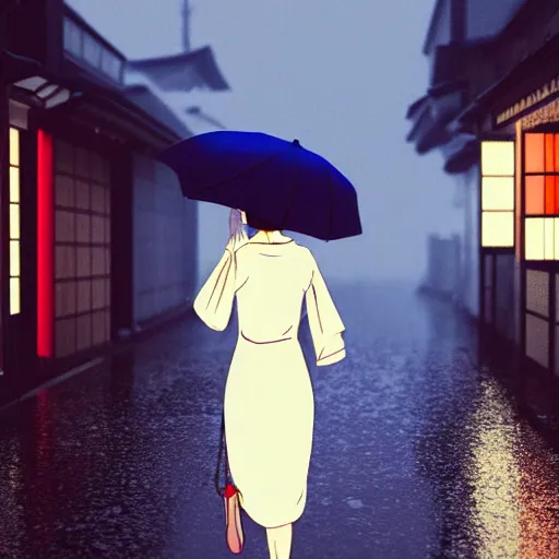 Image similar to a woman wearing a white dress walking on the wet street on a rainy night in kyoto by wes anderson and makoto shinkai. dramatic lighting. cel shading.