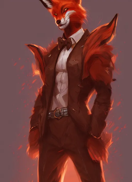 Prompt: a highly detailed illustration of attractive young red haired man with fox ears wearing brown suit, dramatic pose, intricate, elegant, highly detailed, centered, digital painting, artstation, concept art, smooth, sharp focus, league of legends concept art, wlop