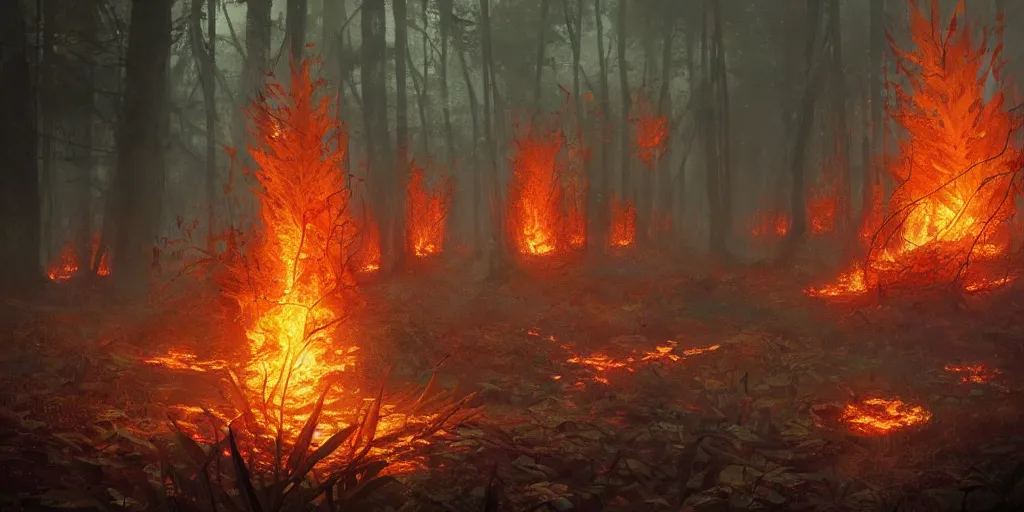 Prompt: a flaming forest, flaming leaves, magma, flame stones, flame ferns, flame shrubs are scattered, huge flame fantasy plant, covered in flame porcelain vine, artstation, by jakub rozalski, greg rutkowski, anthony avon