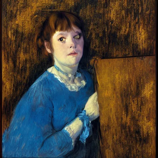 Image similar to palette knife oil painting portrait of a young girl in a blue and gold haunted liminal room, film still by goya, by henri de toulouse - lautrec, by pontormo, extreme detail, liminal aesthetic, artgerm, deviant art, octane, substance, art history 8 k, art nouveau