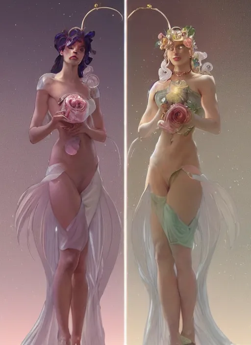 Prompt: a couple made of sparkling crystal, diamond and rose quartz, full body view, beautiful high quality realistic fantasy art, trending on artstation by artgerm and greg rutkowski and alphonse mucha
