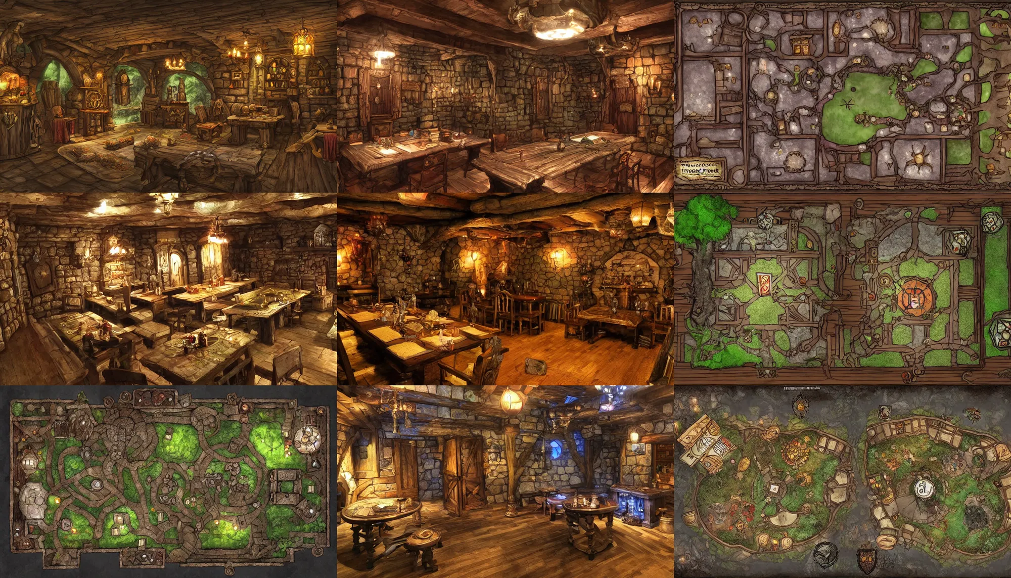 Prompt: dnd room, fairytale style, tavern map, tables, lights