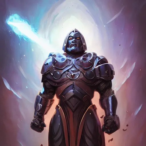 Image similar to darkseid character portrait, wearing shining armor, holding a large platinum shield, by peter mohrbacher, mark brooks, jim burns, wadim kashin, greg rutkowski, larry elmore, esao andrews, trending on artstation