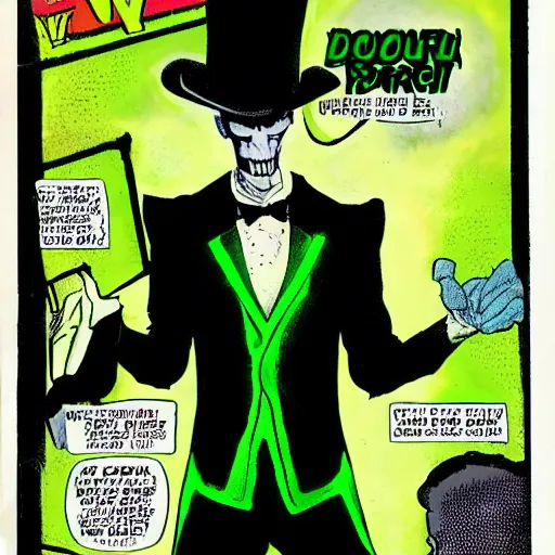 Prompt: tall, skinny, four - armed evil alien voodoo doctor wearing a black neon green tuxedo and top hat, marvel comic book double page