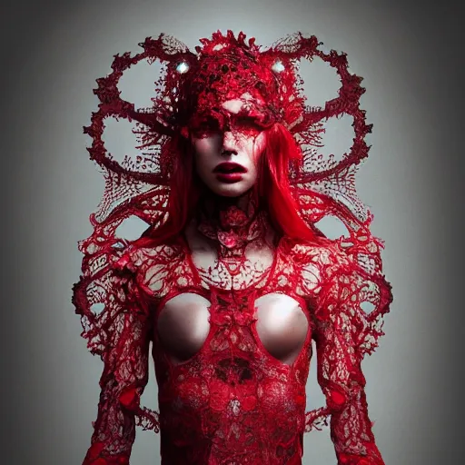 Prompt: a female model by stefan geselle and nekro borja, photorealistic, cyberpunk, intricate details, hyper realistic, red lace headpiece, dark beauty, photorealistic, canon r 3, photography, wide shot, photography, dark beauty, symmetrical features