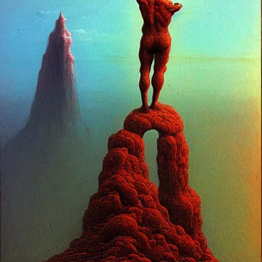 Prompt: a giant standing over the earth, style of beksinski