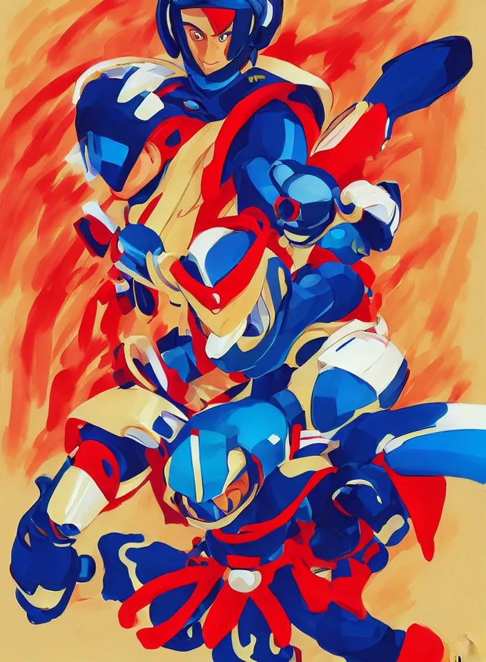 Prompt: orientalist painting of a ninja megaman x zero, in the style of syd mead, by greg tocchini, by james gilleard