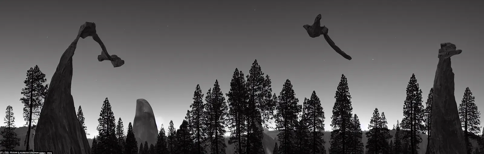 Image similar to to fathom hell or soar angelic, just take a pinch of psychedelic, medium format photograph of two colossal minimalistic necktie sculpture installations by antony gormley and anthony caro in yosemite national park, made from iron and marble, granite peaks visible in the background, taken in the night