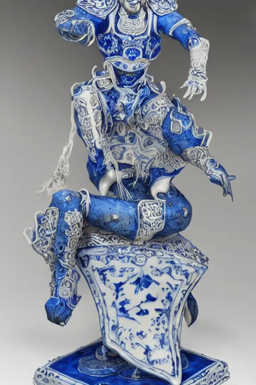 Image similar to an polished texturized sculpture of Kel'Thuzad in white and blue chinese porcelain by kris kuksi