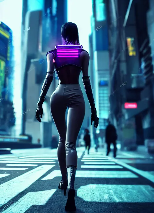 Image similar to photo of a beautiful woman walking through a ( ( ( cyberpunk city ) ) ), full body, hyper realistic, 8 k, dslr, unreal engine, highly detailed portrait